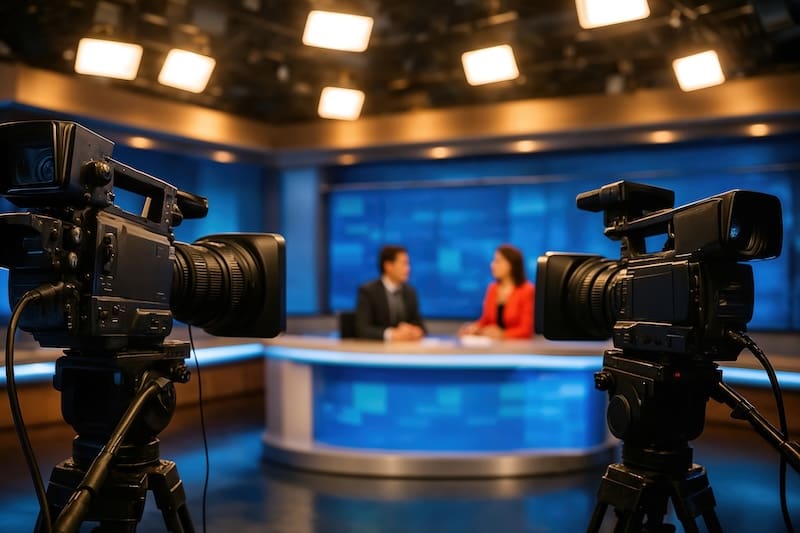 Two people sit at a news desk in a brightly lit television studio, with cameras in the foreground recording them. The background features blue screens and studio lighting.