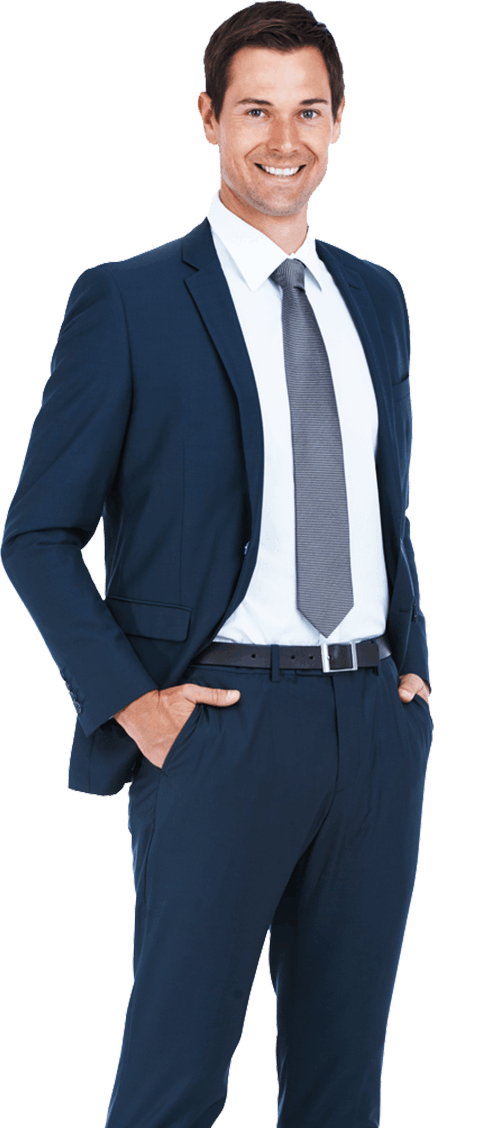 young professional man in a navy suit