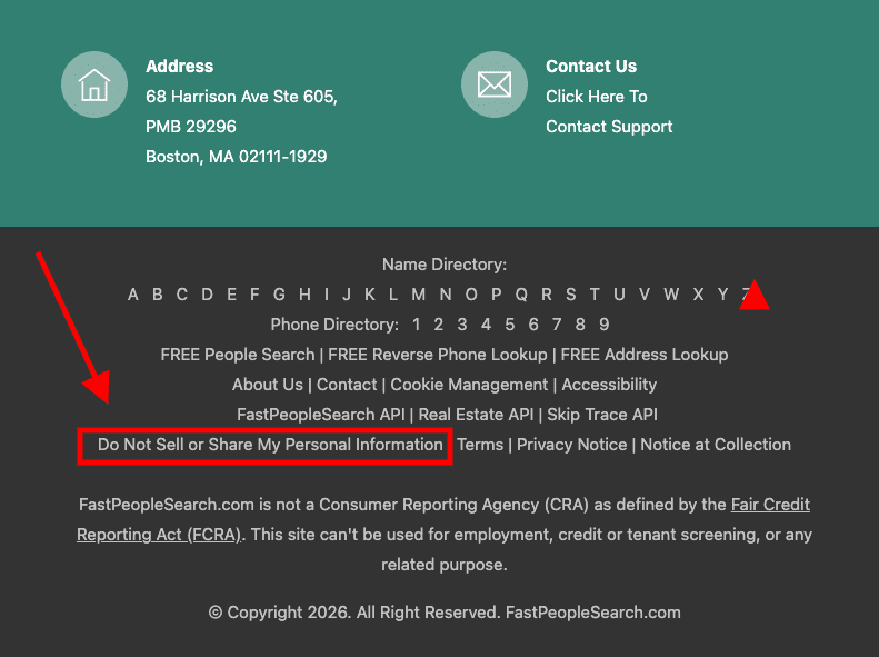A website footer with address, contact info, and a menu of links. Two red arrows highlight the "Do Not Sell or Share My Personal Information" link near the bottom center—ideal for users seeking fast people search removal options.