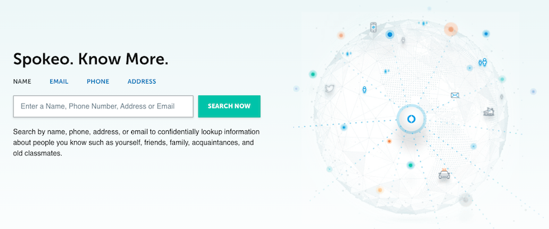 Screenshot of Spokeo's homepage featuring a search bar for entering a name, phone number, address, or email. The background displays a stylized network graph with interconnected nodes and icons related to Sp