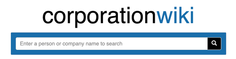 Image of the "corporationwiki" website banner with a search bar where users can enter a person or company name to search.