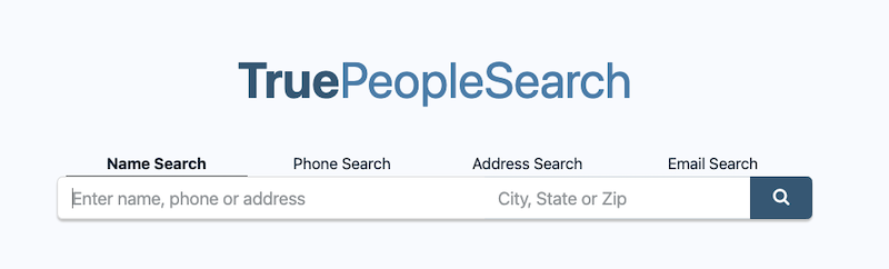Website header for "truepeoplesearch" with tabs for name search, phone search, address search, email search, and true people search opt out, featuring a search bar for entering details and a location