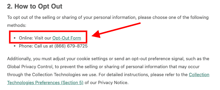 Screenshot of instructions for fast people search removal, highlighting a link labeled "Opt-Out Form" with a red box and arrow. A phone number for opting out is also listed: (866) 679-8725.
