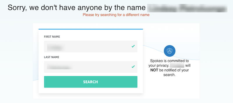 Screenshot of a search interface with fields for "first name" and "last name," displaying a message saying "sorry, we don't have anyone by that name." A privacy icon assures user confidentiality for