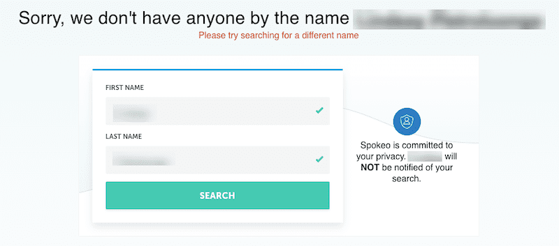 Screenshot of a search interface with fields for "first name" and "last name," displaying a message saying "sorry, we don't have anyone by that name." A privacy icon assures user confidentiality for