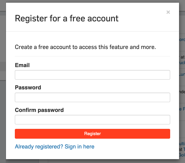 Screenshot of a registration pop-up window for a free account, featuring fields for email, password, and confirm password along with "register" and "sign in" buttons.