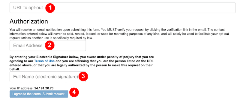 Screenshot of an online opt-out form containing fields for email address, full name, agreement checkbox, and a submit button, with a notification on user ip address display.