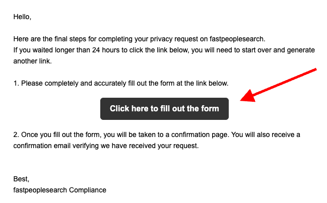 A screenshot of an email with instructions for fast people search removal. A red arrow points to a large button labeled "Click here to fill out the form" in the center of the message.