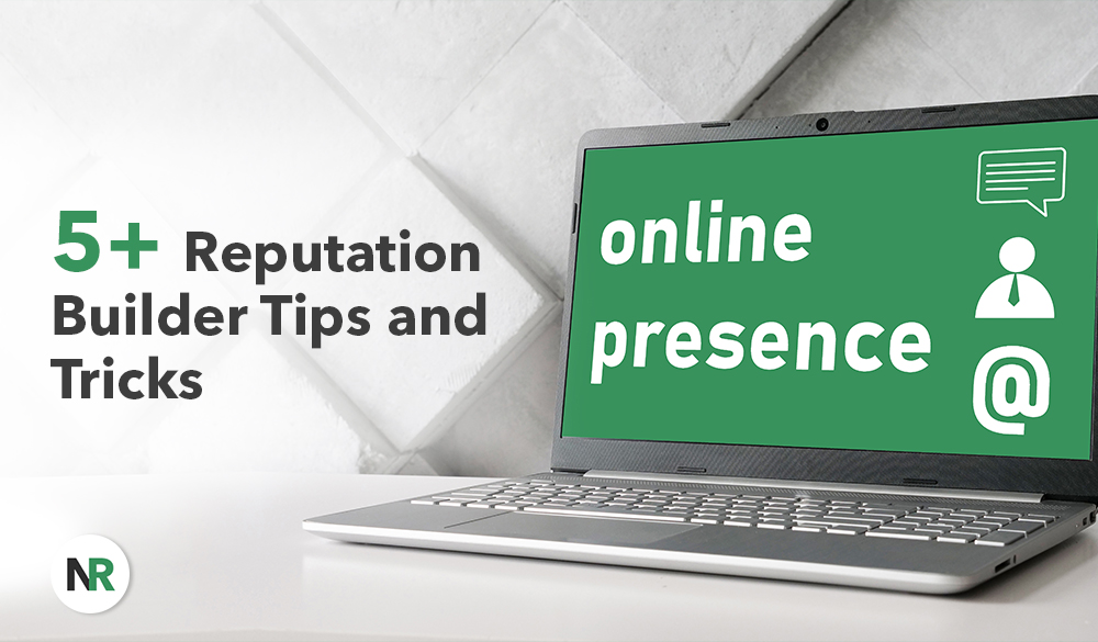 A laptop open on a desk displaying a presentation slide with the title "5+ reputation builder tips and tricks" and the phrase "online presence" with relevant icons, indicating an educational or informative session on