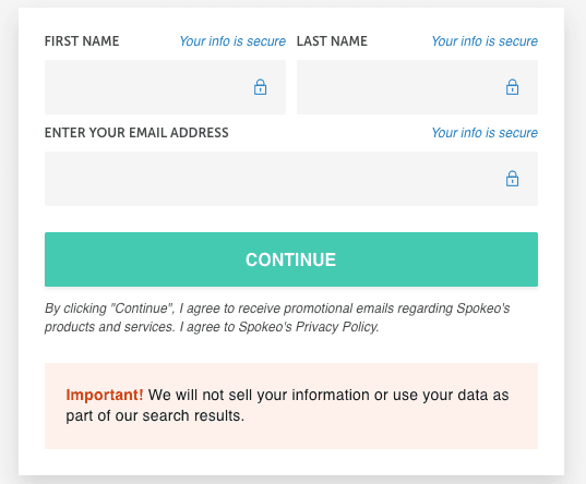 Screenshot of an online registration form with fields for first name, last name, and email address. Below is a green "continue" button and text about Spokeo removal, email consent, and privacy