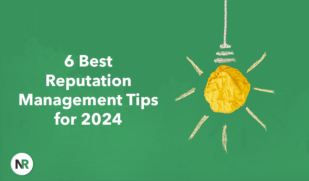 A graphic showcasing "6 best reputation management tips for 2024," including how to remove a Reddit post, with a crumpled yellow paper resembling a sun on a green background.