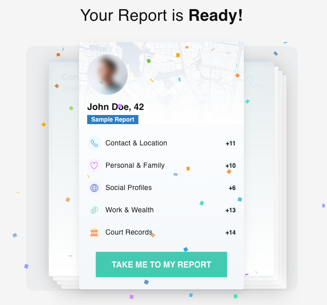 Illustration of a digital report notification on a screen displaying a blurred profile photo with the name "John Doe" and icons for personal, family, social, and court records. A button says "Sp