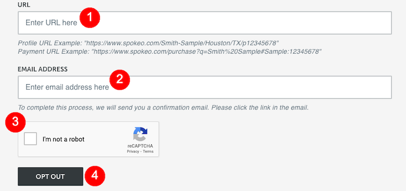 Screenshot of a Spokeo removal online form with fields for url, email address, and a recaptcha verification checkbox labeled "i'm not a robot," followed by an "opt out" button.