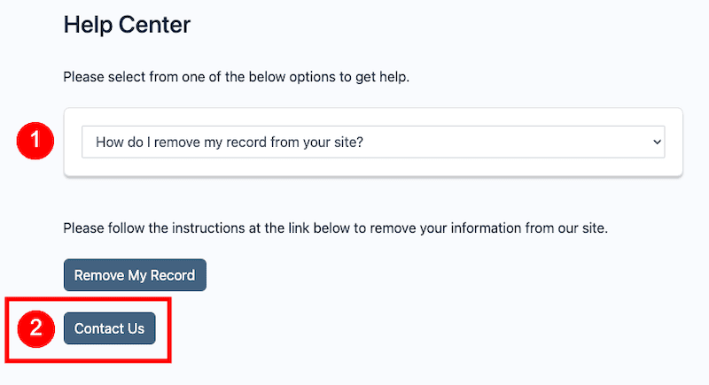 Screenshot of a True People Search help center webpage featuring two options: 1. a dropdown menu for "how do I opt out of your site?" and 2. a highlighted "contact us