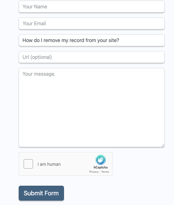 Screenshot of an online contact form with fields for name, email, and a message inquiry about True People Search opt out from a site, including a captcha verification checkbox labeled "I am human" and a