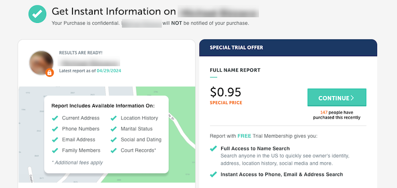 The image features a webpage dashboard for an instant information service. It displays a special trial offer for a full name report at $0.95 and highlights various report contents like current address and Spokeo