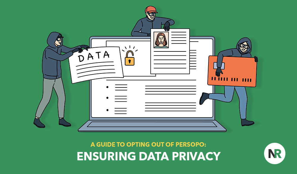 Illustration highlighting the importance of data privacy with figures representing security threats and a message about opting out of personal data sharing through persopo opt-out options.