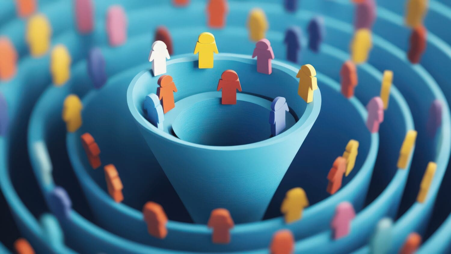 Colorful human-shaped figures stand on the edges of blue concentric funnels, representing a concept of people moving through stages or levels, possibly illustrating a sales funnel or social process.