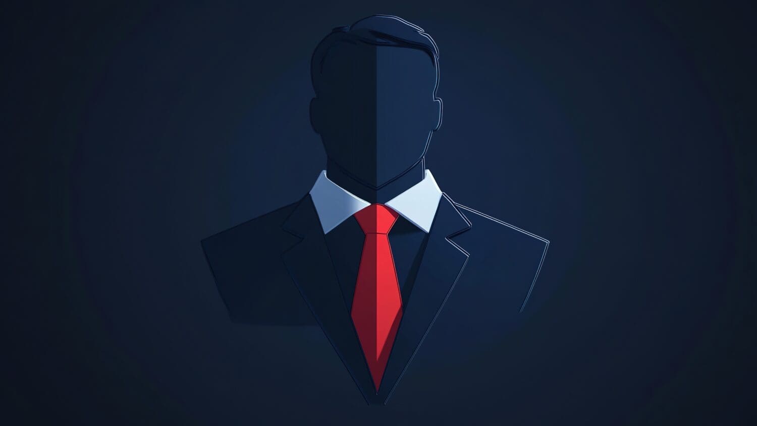 Minimalist illustration of a faceless man in a dark suit and white shirt, wearing a bright red tie, set against a dark blue background. The image has a mysterious, anonymous feel.