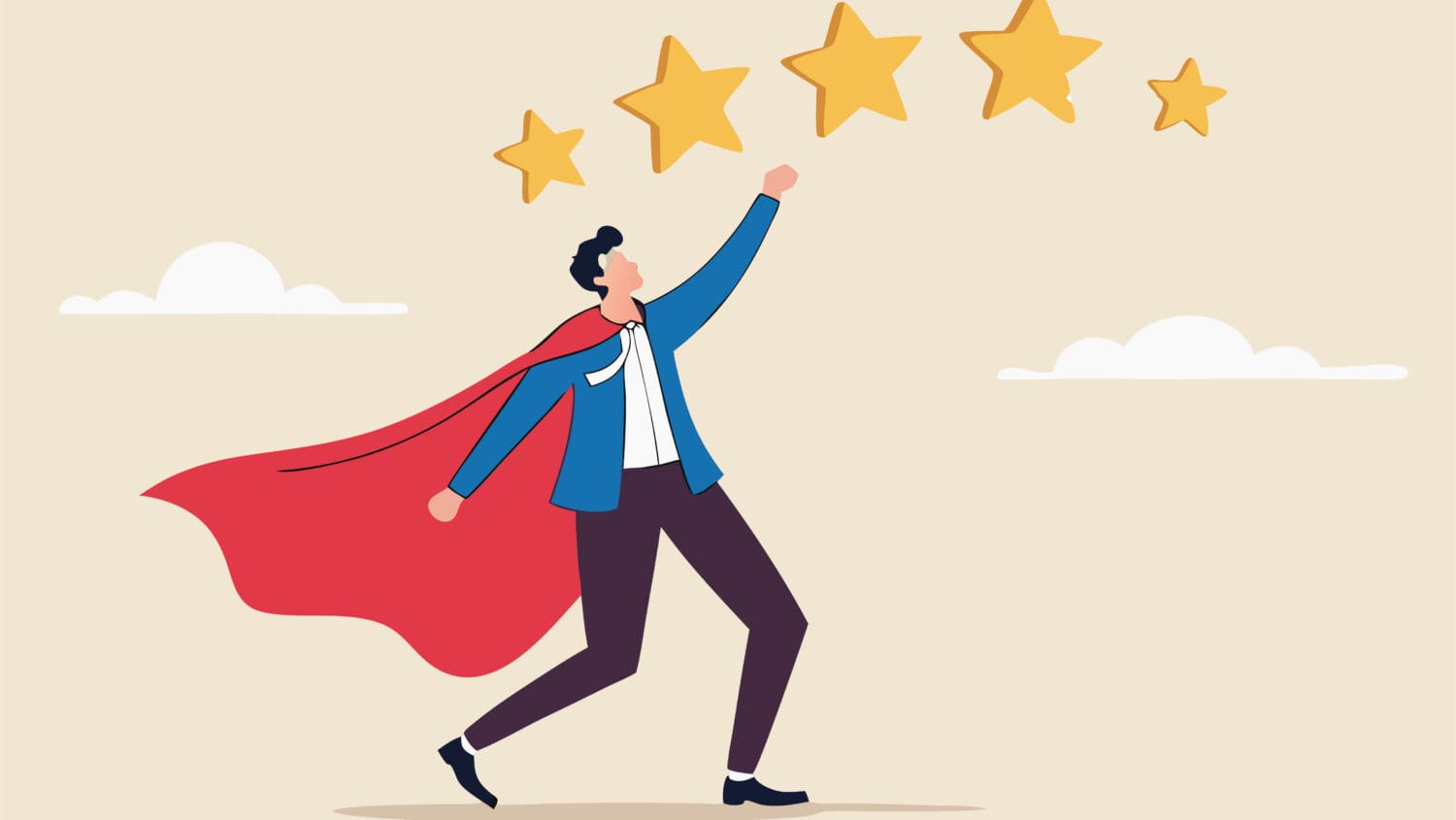 Illustration of a person wearing a red cape reaching up to touch a row of five golden stars in the sky, symbolizing achievement or high rating, with clouds in the background.