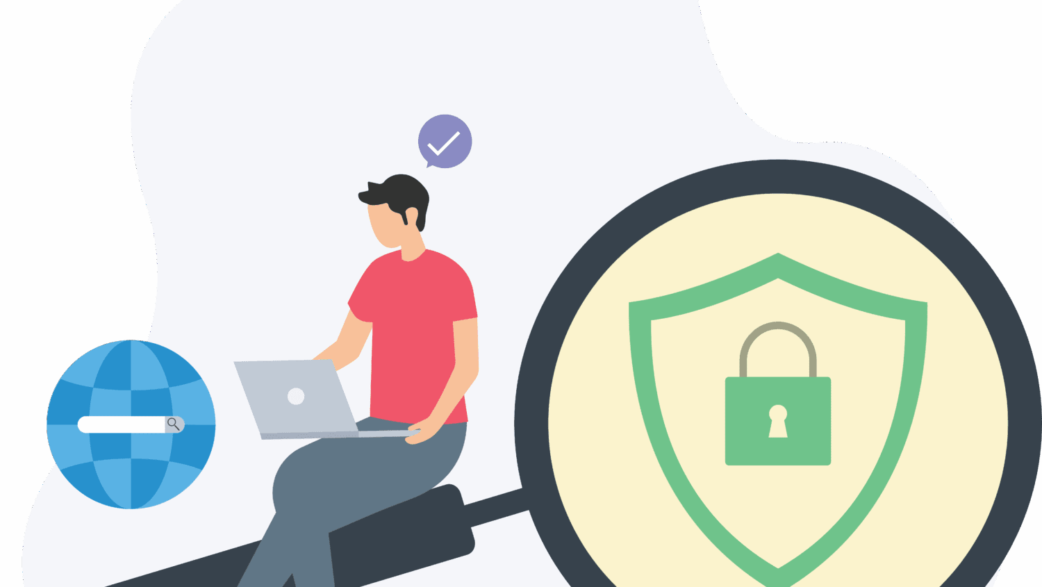 A person using a laptop sits on a large magnifying glass, next to a globe icon and a shield with a padlock, symbolizing online privacy and cybersecurity.