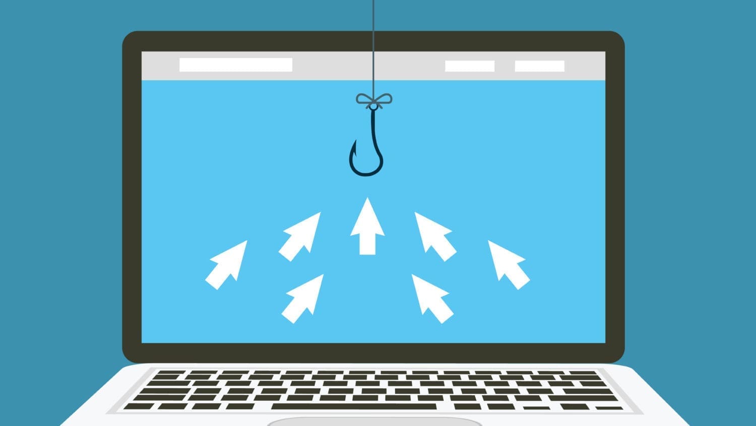 A clickbait laptop adorned with a fishing hook and arrows for an eye-catching appeal.