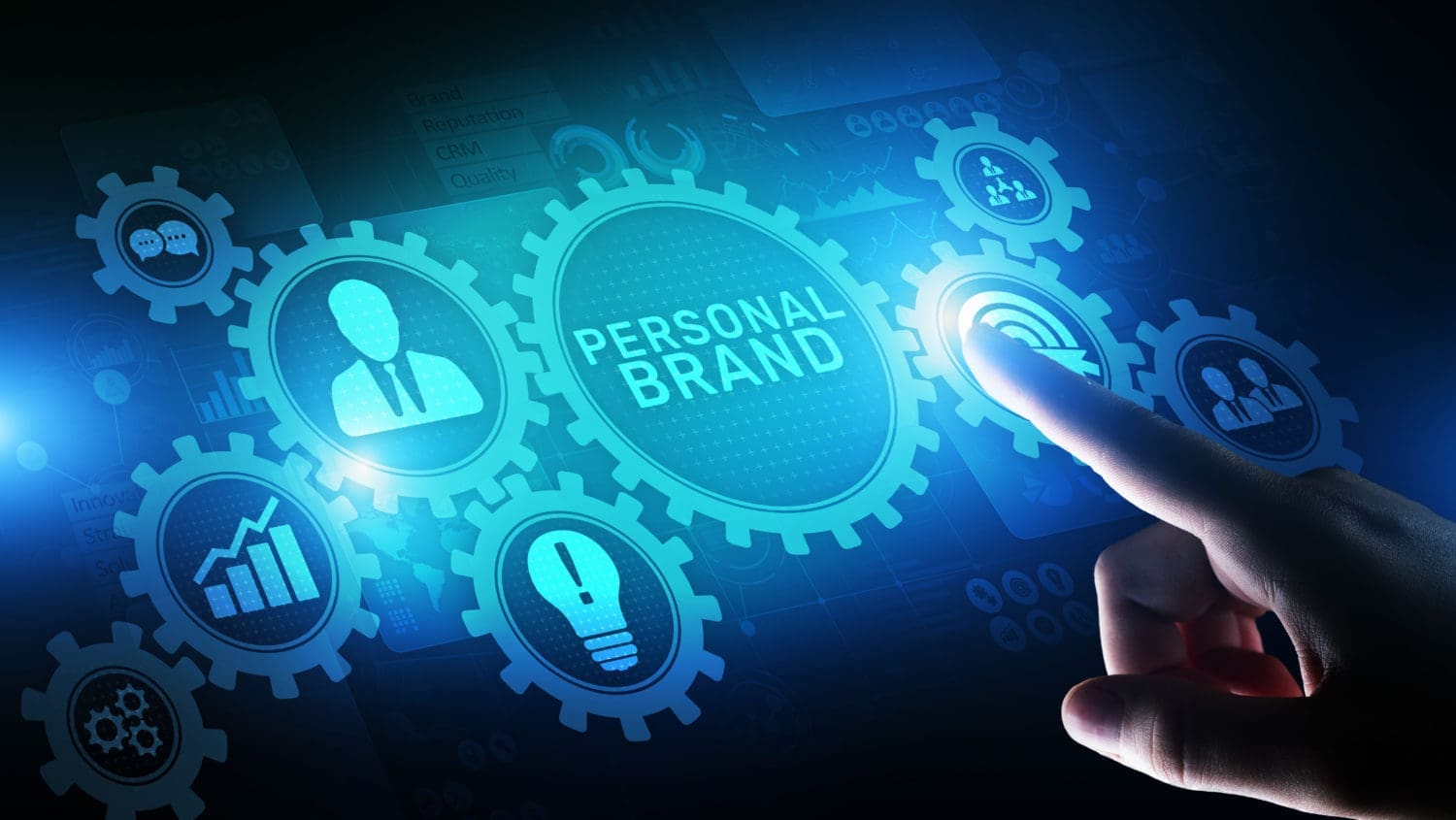 A hand pointing to the word personal brand.