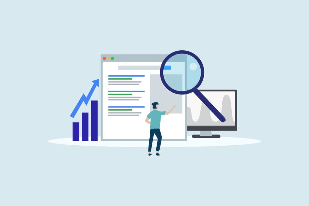 An illustration of a person standing in front of a computer with top search results showing on the screen.