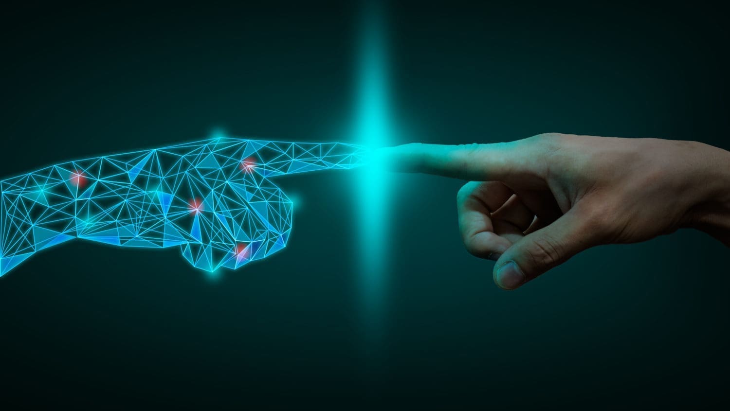 Two hands pointing at each other on a dark background.