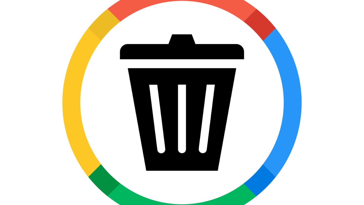 A black trash bin icon centered within a circle featuring segments in red, yellow, green, and blue.