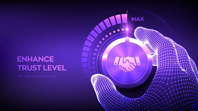 Enhance online trust level on a purple background, focusing on the need for a positive online reputation.