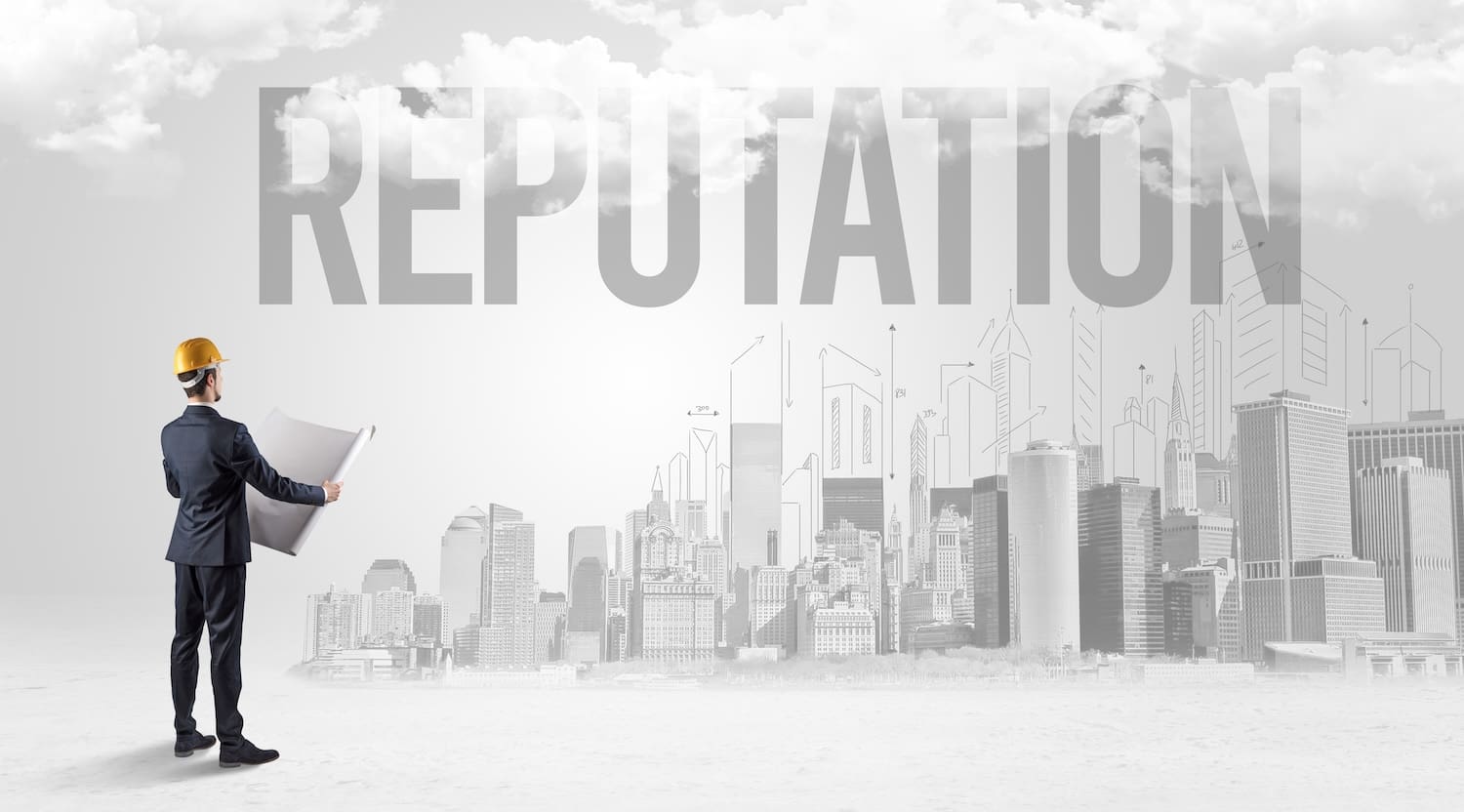 A reputation builder in a hard hat is looking at the word reputation.