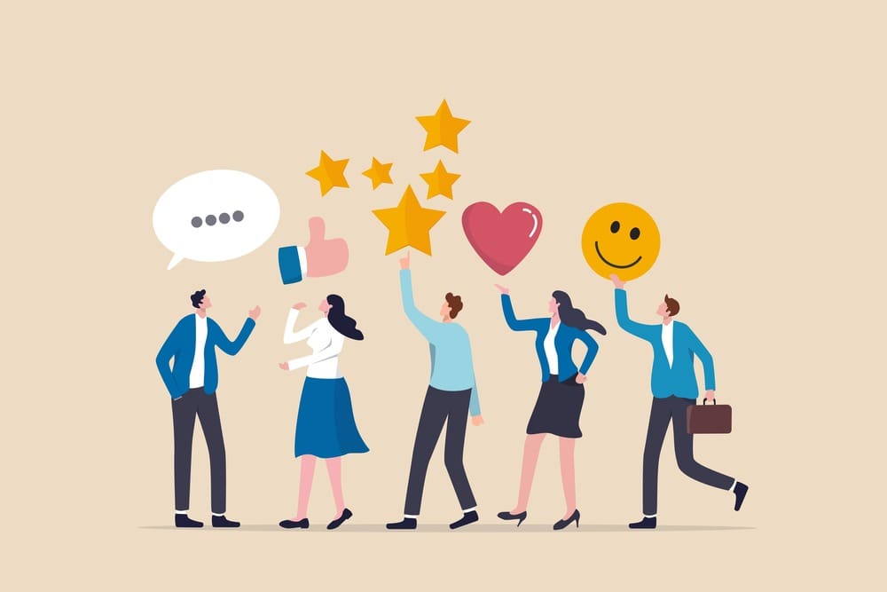 A group of business people with stars and smiley faces.