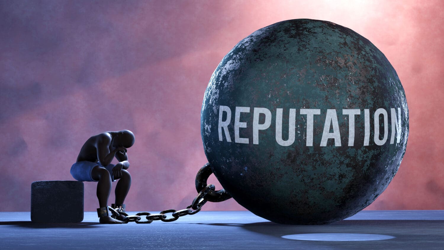 A person sits on a bench with head in hands, chained to a large ball labeled "REPUTATION," symbolizing the burden or weight of reputation.