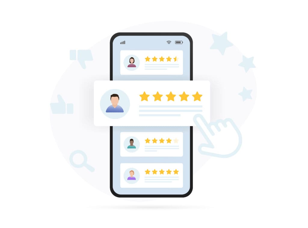 An illustration of an iPhone with several customer reviews and reputation enhancements for the business.