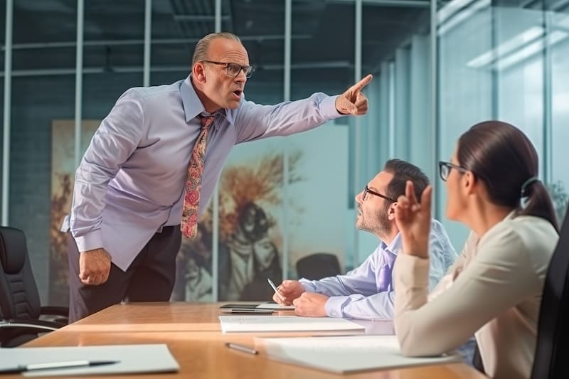 A man is pointing at a group of people in a meeting, discussing strategies to restore their online reputation.