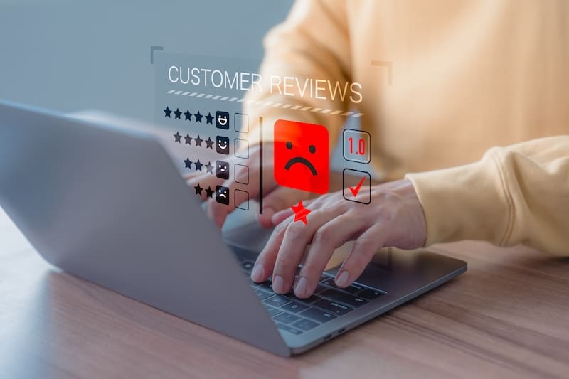 A person typing on a laptop, focusing on managing customer reviews.