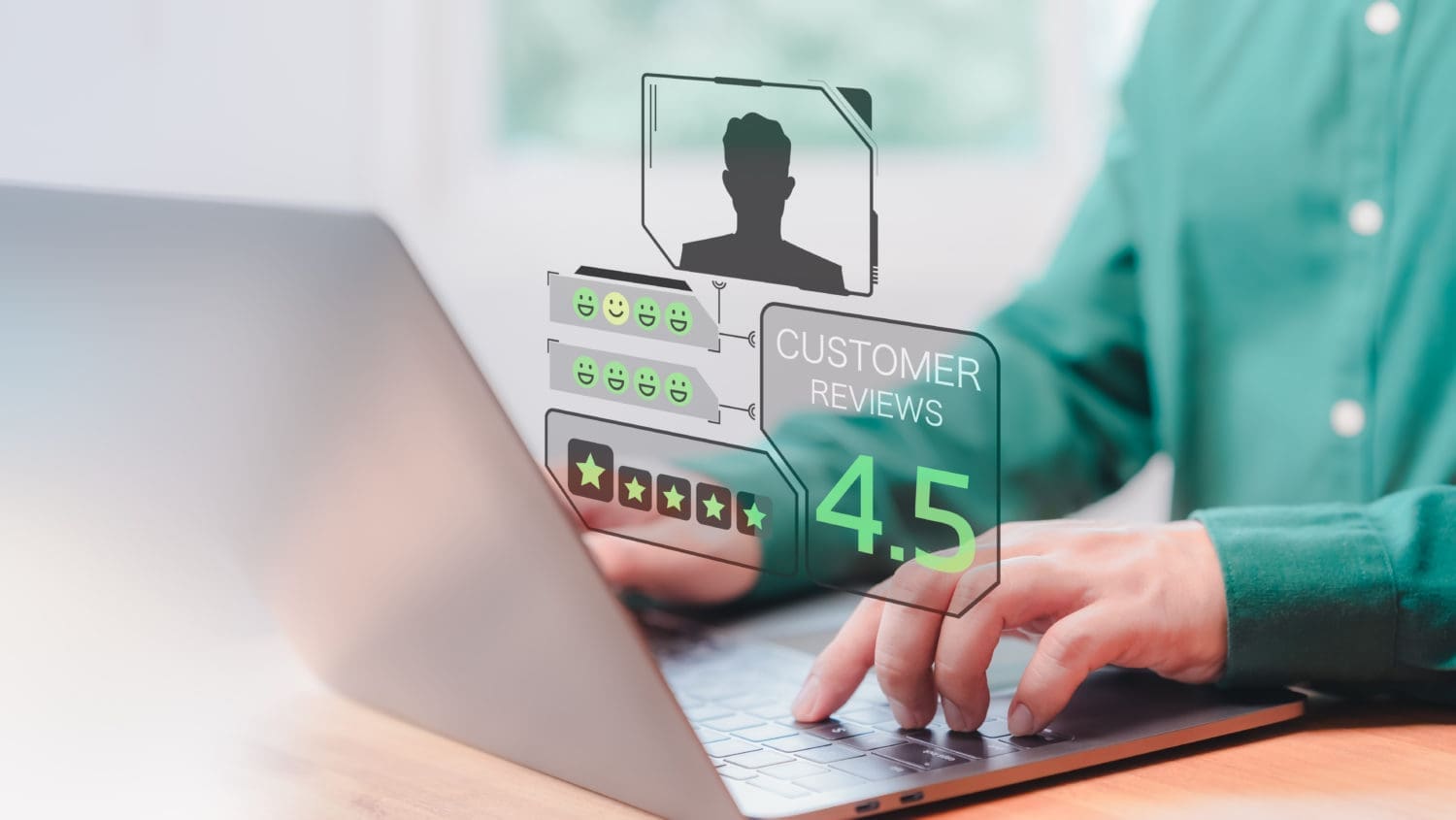 A man is typing on a laptop with a customer on it.