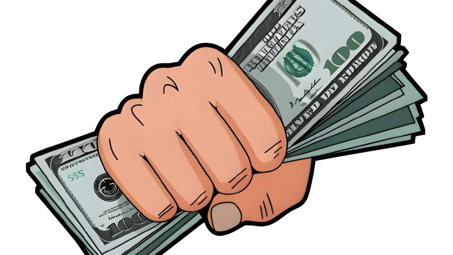 A cartoon-style hand grips a thick stack of U.S. hundred-dollar bills against a white background.