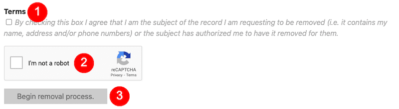 Screenshot of a webpage section featuring a checkbox labeled "by checking this box i agree that i am the subject of the record i am requesting to be removed," a recaptcha verification checkbox, and a button labeled "begin removal process.