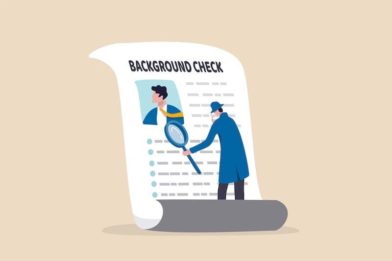 Illustration of a large background check document with a profile photo and text. A person in a trench coat and hat examines the paper with a magnifying glass, symbolizing investigation or scrutiny, referencing been verified opt out.