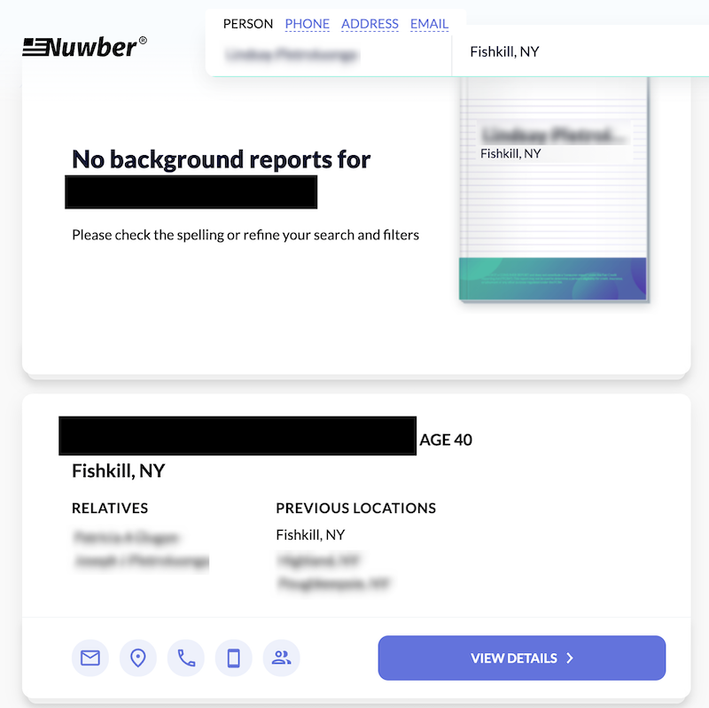 Screenshot of a search result on nuwber website displaying "no background reports" for a query, along with another result showing minimal personal information and an option to view details for a person in fishkill, ny, aged 40.