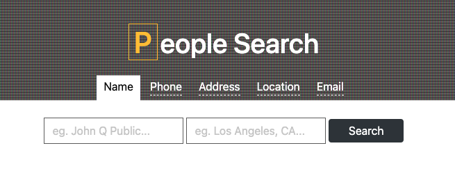 Web interface titled "people search" with input fields for name, phone, address, location, and email on a checkered background. example filled in as “john q public” and “los angeles, ca.”.