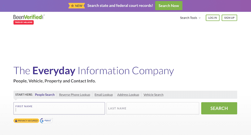 Screenshot of BeenVerified’s homepage showing a search tool to look up people, phone numbers, emails, addresses, and vehicles. Header includes “Search state and federal court records!” plus options to log in, sign up, or start a BeenVerified opt out.