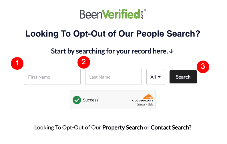 Screenshot of BeenVerified’s opt-out page. Fields for first and last name, a dropdown for selecting an option, and a Search button are shown. A “Success!” message confirms been verified removal, alongside the Cloudflare logo.