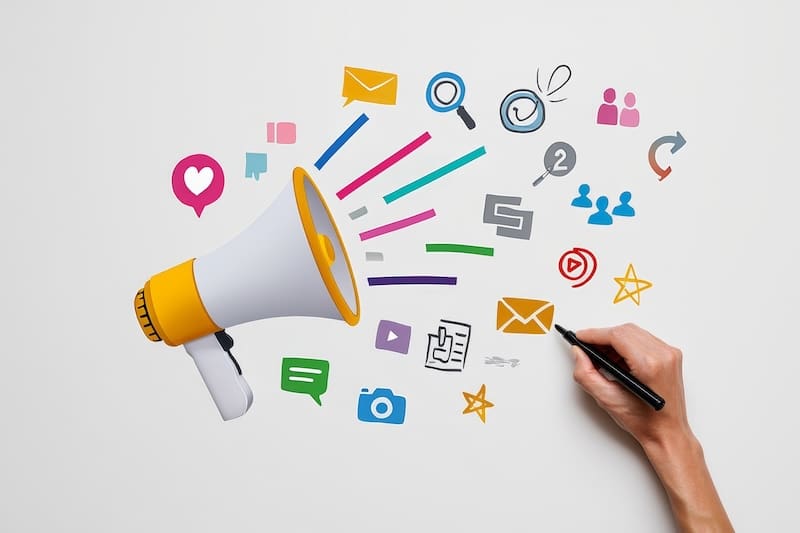 A megaphone blasts out various communication icons, like a "like" symbol, an envelope and an SMS message.