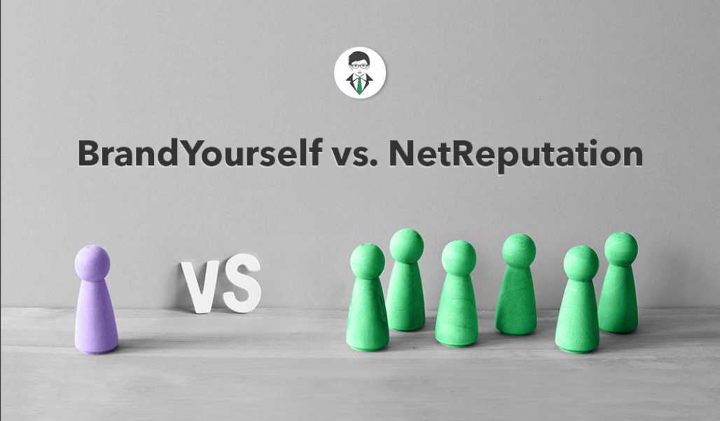 An image comparing BrandYourself vs. NetReputation. A single purple pawn stands on the left labeled "VS," representing BrandYourself, and six green pawns stand on the right. The background is grey with the text "BrandYourself vs. NetReputation" in the center.