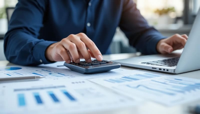A business professional calculates reputation management cost using a laptop, printed papers, and a calculator.