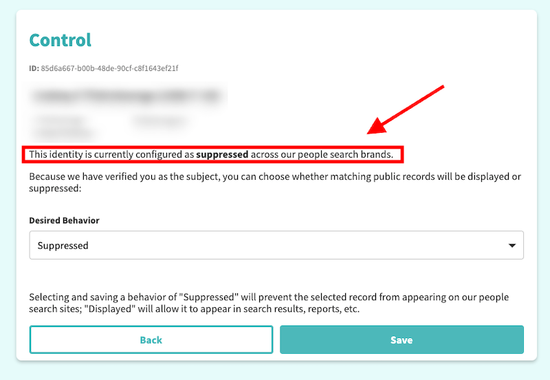 Screenshot highlighting the option to suppress an individual's identity in a people search database, ensuring privacy control through Intelius opt-out.