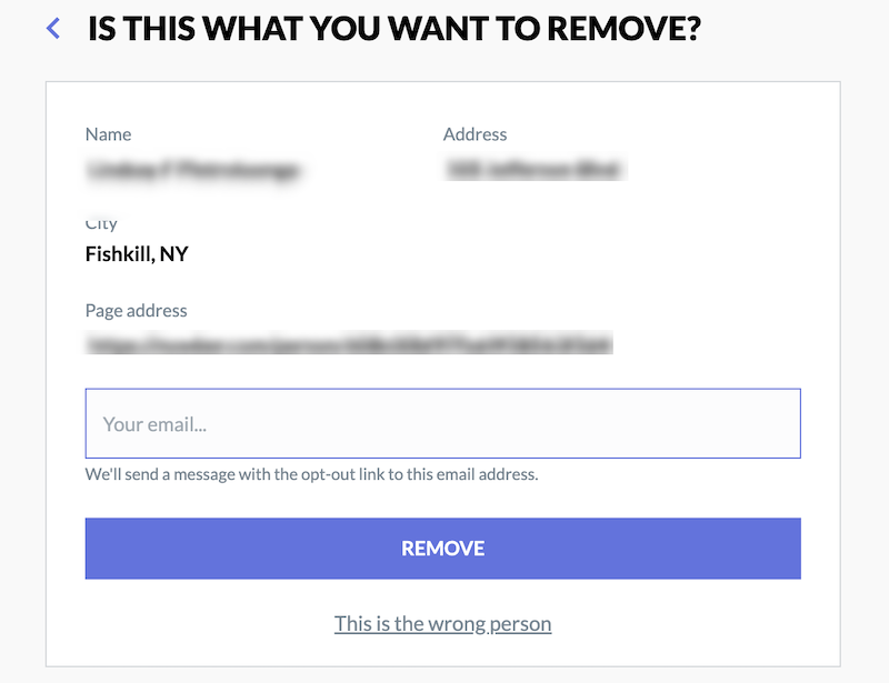 Screenshot of an online form with fields for name, address, and email. a highlighted blue button at the bottom reads "this is the wrong person.